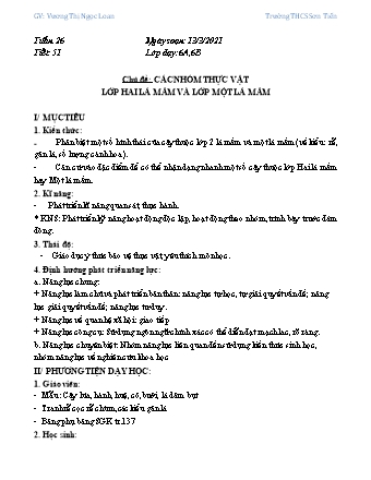 Giáo án Sinh học Lớp 6 - Tiết 51, Chủ đề: Các nhóm thực vật lớp hai lá mầm và lớp một lá mầm - Năm học 2020-2021 - Vương Thị Ngọc Loan