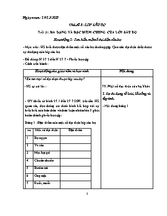 Giáo án Sinh học Lớp 7 - Tiết 31+32: Đa dạng và đặc điểm chung của lớp sâu bọ - Xem băng hình về tập tính của sâu bọ - Năm học 2020-2021 - Phan Thanh Toàn