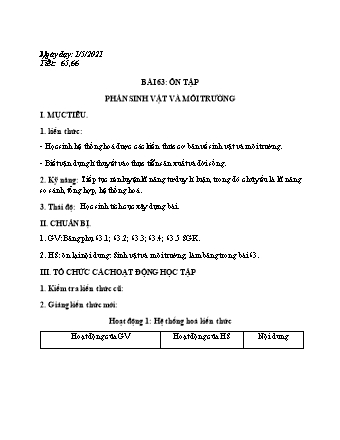 Giáo án Sinh học Lớp 9 - Tiết 65+66, Bài 63: Ôn tập Phần sinh vật và môi trường - Năm học 2020-2021 - Phan Thanh Toàn