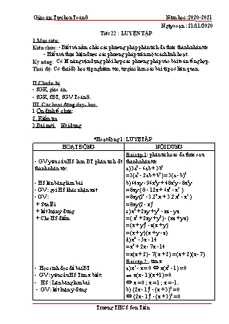 Giáo án Tự chọn Toán Lớp 8 - Tiết 22: Luyện tập - Năm học 2020-2021 - Trường THCS Sơn Tiến