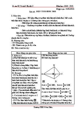 Giáo án Tự chọn Toán Lớp 8 - Tiết 40: Diện tích hình thoi - Năm học 2020-2021 - Trường THCS Sơn Tiến