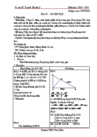 Giáo án Tự chọn Toán Lớp 8 - Tiết 58 đến 61 - Năm học 2020-2021 - Trường THCS Sơn Tiến