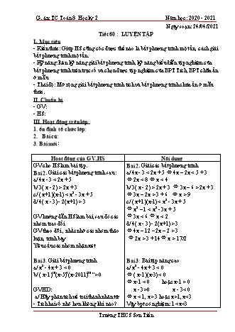 Giáo án Tự chọn Toán Lớp 8 - Tiết 60+61: Luyện tập. Các trường hợp đồng dạng của hai tam giác vuông - Năm học 2020-2021 - Trường THCS Sơn Tiến