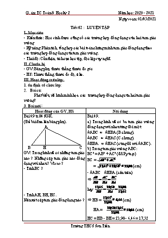 Giáo án Tự chọn Toán Lớp 8 - Tiết 62 đến 65 - Năm học 2020-2021 - Trường THCS Sơn Tiến Giáo án Tự chọn Toán Lớp 8 - Tiết 62 đến 65 - Năm học 2020-2021 - Trường THCS Sơn Tiến