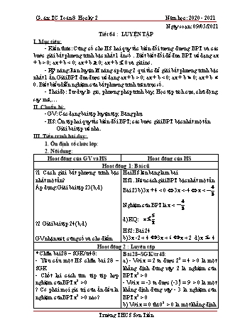 Giáo án Tự chọn Toán Lớp 8 - Tiết 64 đến 68 - Năm học 2020-2021 - Trường THCS Sơn Tiến Giáo án Tự chọn Toán Lớp 8 - Tiết 64 đến 68 - Năm học 2020-2021 - Trường THCS Sơn Tiến