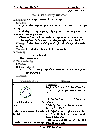 Giáo án Tự chọn Toán Lớp 9 - Tiết 29: Tứ giác nội tiếp (Tiết 1) - Năm học 2020-2021 - Trường THCS Sơn Tiến