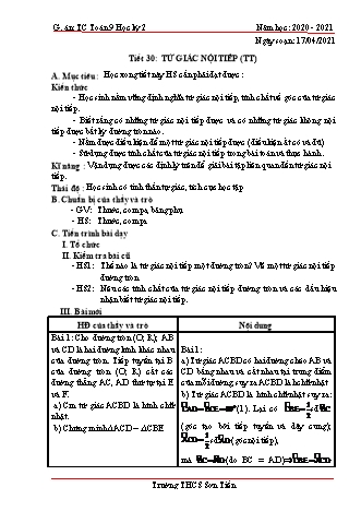 Giáo án Tự chọn Toán Lớp 9 - Tiết 30: Tứ giác nội tiếp (Tiếp theo) - Năm học 2020-2021 - Trường THCS Sơn Tiến