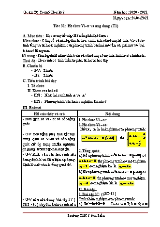 Giáo án Tự chọn Toán Lớp 9 - Tiết 31: Hệ thức Vi-ét và ứng dụng (Tiết 1) - Năm học 2020-2021 - Trường THCS Sơn Tiến