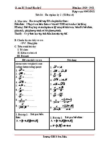 Giáo án Tự chọn Toán Lớp 9 - Tiết 34+35: Ôn tập học kỳ 2 (Tiết 1: Đại số) - Ôn tập học kỳ 2 (Tiết 2: Hình học) - Năm học 2020-2021 - Trường THCS Sơn Tiến