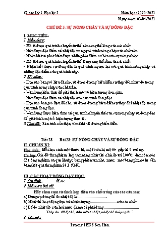Giáo án Vật lý Lớp 6 - Bài 23+24: Sự nóng chảy và sự đông đặc - Năm học 2020-2021 - Trường THCS Sơn Tiến
