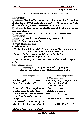Giáo án Vật lý Lớp 6 - Tiết 11, Bài 11: Khối lượng riêng – Bài tập - Năm học 2020-2021 - Trường THCS Sơn Tiến