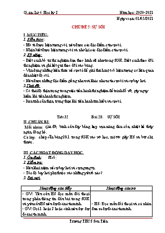 Giáo án Vật lý Lớp 6 - Tiết 32+33, Bài 28: Sự sôi - Năm học 2020-2021 - Trường THCS Sơn Tiến