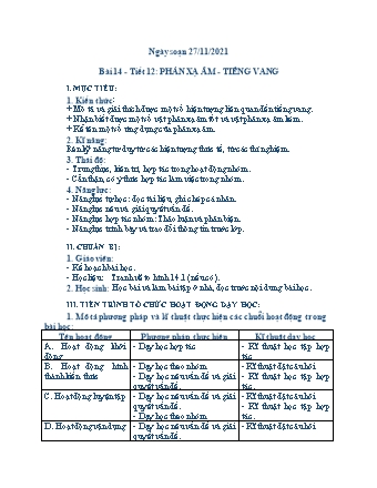 Giáo án Vật lý Lớp 7 - Tiết 12, Bài 14: Phản xạ âm - Tiếng vang - Năm học 2021-2022 - Nguyễn Mạnh Quân Giáo án Vật lý Lớp 7 - Tiết 12, Bài 14: Phản xạ âm - Tiếng vang - Năm học 2021-2022 - Nguyễn Mạnh Quân