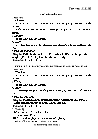 Kế hoạch bài dạy Công nghệ Lớp 7 - Tiết 4, Bài 5: Tác dụng của phân bón trong trồng trọt - Năm học 2021-2022 - Thái Quý