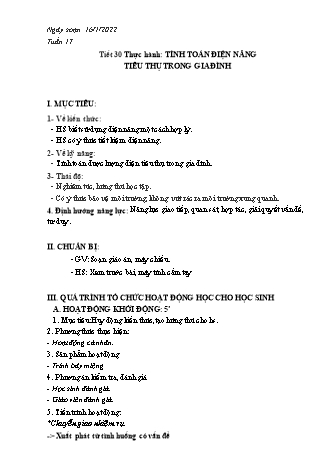 Kế hoạch bài dạy Công nghệ Lớp 8 - Tiết 30: Thực hành Tính toán điện năng tiêu thụ trong gia đình - Năm học 2021-2022 - Thái Quý