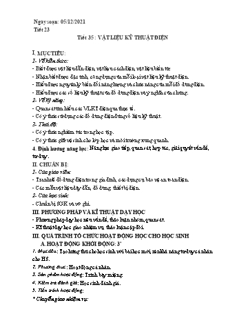 Kế hoạch bài dạy Công nghệ Lớp 8 - Tiết 35: Vật liệu kỹ thuật điện - Năm học 2021-2022 - Thái Quý