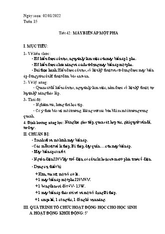 Kế hoạch bài dạy Công nghệ Lớp 8 - Tiết 42: Máy biến áp một pha - Năm học 2021-2022 - Thái Quý