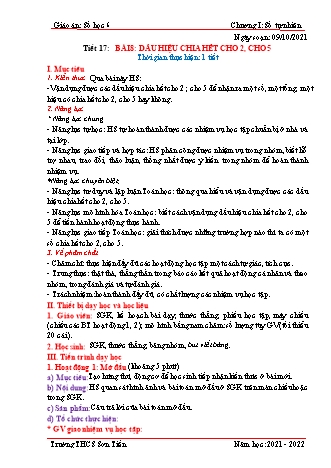 Kế hoạch bài dạy Đại số Lớp 6 (Sách Cánh diều) - Tiết 17, Bài 8: Dấu hiệu chia hết cho 2, cho 5 - Năm học 2021-2022 - Trường THCS Sơn Tiến