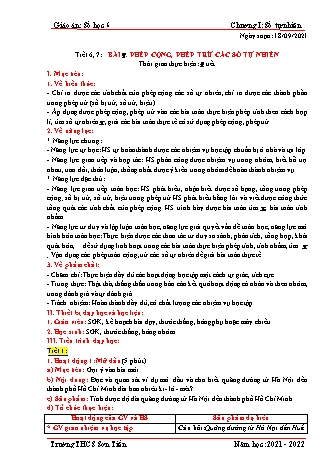 Kế hoạch bài dạy Đại số Lớp 6 (Sách Cánh diều) - Tiết 6+7: Bài 3: Phép cộng, phép trừ các số tự nhiên - Năm học 2021-2022 - Trường THCS Sơn Tiến