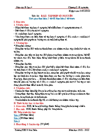 Kế hoạch bài dạy Đại số Lớp 6 (Sách Cánh diều) - Tiết 84 đến 87 - Năm học 2021-2022 - Trường THCS Sơn Tiến Kế hoạch bài dạy Đại số Lớp 6 (Sách Cánh diều) - Tiết 84 đến 87 - Năm học 2021-2022 - Trường THCS Sơn Tiến