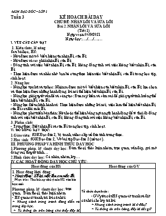 Kế hoạch bài dạy Đạo đức Lớp 2 (Sách Chân trời sáng tạo) - Tuần 3+4 - Bài 2: Nhận lỗi và sửa lỗi (2 tiết) - Năm học 2021-2022 - Trường Tiểu học Tân Long Hội A