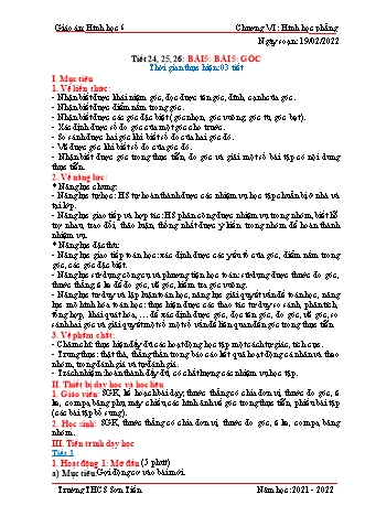 Kế hoạch bài dạy Hình học 6 - Tiết 24 đến 26 - Bài 5: Góc - Năm học 2021-2022 - Trường THCS Sơn Tiến Kế hoạch bài dạy Hình học 6 - Tiết 24 đến 26 - Bài 5: Góc - Năm học 2021-2022 - Trường THCS Sơn Tiến