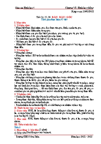 Kế hoạch bài dạy Hình học Khối 6 (Sách Cánh diều) - Tiết 24 đến 26 - Bài 5: Góc - Năm học 2021-2022 - Trường THCS Sơn Tiến Kế hoạch bài dạy Hình học Khối 6 (Sách Cánh diều) - Tiết 24 đến 26 - Bài 5: Góc - Năm học 2021-2022 - Trường THCS Sơn Tiến