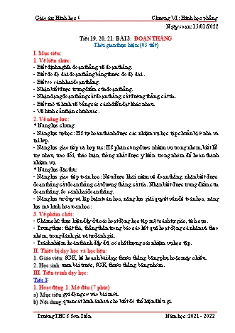 Kế hoạch bài dạy Hình học Lớp 6 (Sách Cánh diều) - Bài 3+4: Đoạn thẳng - Tia - Năm học 2021-2022 - Trường THCS Sơn Tiến Kế hoạch bài dạy Hình học Lớp 6 (Sách Cánh diều) - Bài 3+4: Đoạn thẳng - Tia - Năm học 2021-2022 - Trường THCS Sơn Tiến