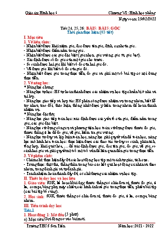 Kế hoạch bài dạy Hình học Lớp 6 (Sách Cánh diều) - Tiết 24 đến 26 - Bài 5: Góc - Năm học 2021-2022 - Trường THCS Sơn Tiến Kế hoạch bài dạy Hình học Lớp 6 (Sách Cánh diều) - Tiết 24 đến 26 - Bài 5: Góc - Năm học 2021-2022 - Trường THCS Sơn Tiến
