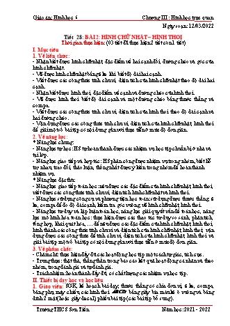 Kế hoạch bài dạy Hình học Lớp 6 (Sách Cánh diều) - Tiết 28, Bài 2: Hình chữ nhật – hình thoi - Năm học 2021-2022 - Trường THCS Sơn Tiến Kế hoạch bài dạy Hình học Lớp 6 (Sách Cánh diều) - Tiết 28, Bài 2: Hình chữ nhật – hình thoi - Năm học 2021-2022 - Trường THCS Sơn Tiến