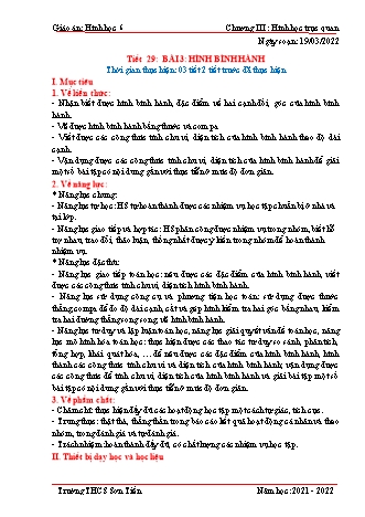 Kế hoạch bài dạy Hình học Lớp 6 (Sách Cánh diều) - Tiết 29, Bài 3: Hình bình hành - Năm học 2021-2022 - Trường THCS Sơn Tiến Kế hoạch bài dạy Hình học Lớp 6 (Sách Cánh diều) - Tiết 29, Bài 3: Hình bình hành - Năm học 2021-2022 - Trường THCS Sơn Tiến