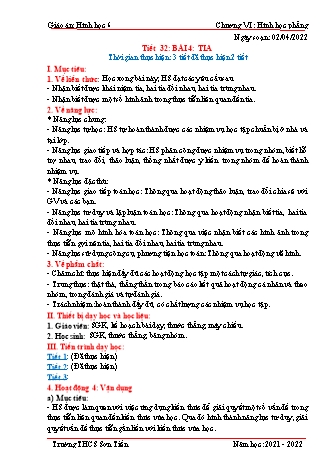 Kế hoạch bài dạy Hình học Lớp 6 (Sách Cánh diều) - Tiết 32, Bài 4: Tia - Năm học 2021-2022 - Trường THCS Sơn Tiến Kế hoạch bài dạy Hình học Lớp 6 (Sách Cánh diều) - Tiết 32, Bài 4: Tia - Năm học 2021-2022 - Trường THCS Sơn Tiến