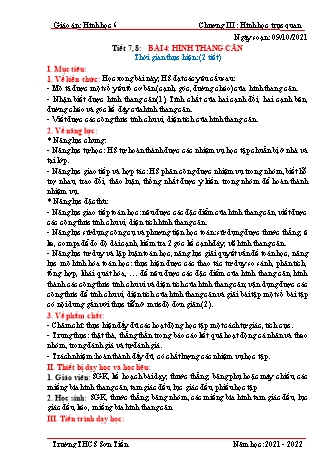 Kế hoạch bài dạy Hình học Lớp 6 (Sách Cánh diều) - Tiết 7+8, Bài 4: Hình thang cân - Năm học 2021-2022 - Trường THCS Sơn Tiến