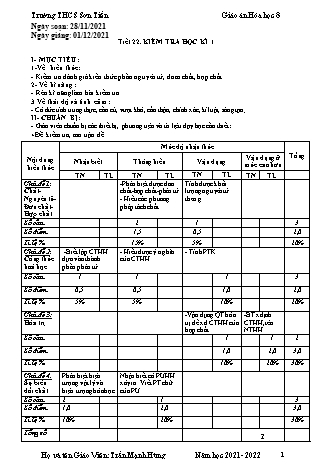 Kế hoạch bài dạy Hóa học Lớp 8 - Tiết 22: Kiểm tra học kì 1 - Năm học 2021-2022 - Trần Mạnh Hùng