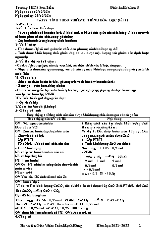 Kế hoạch bài dạy Hóa học Lớp 8 - Tiết 29: Tính theo phương trình hóa học (Tiết 1) - Năm học 2021-2022 - Trần Mạnh Hùng
