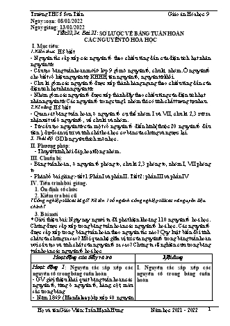 Kế hoạch bài dạy Hóa học Lớp 9 - Tiết 33+34, Bài 31: Sơ lược về bảng tuần hoàn các nguyên tố hóa học - Năm học 2021-2022 - Trần Mạnh Hùng Kế hoạch bài dạy Hóa học Lớp 9 - Tiết 33+34, Bài 31: Sơ lược về bảng tuần hoàn các nguyên tố hóa học - Năm học 2021-2022 - Trần Mạnh Hùng