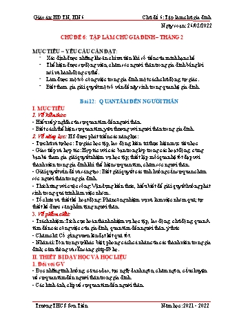 Kế hoạch bài dạy Hoạt động trải nghiệm, hướng nghiệp Lớp 6 (Sách Cánh diều) - Tuần 23 - Chủ đề 6: Tập làm chủ gia đình - Bài 12: Quan tâm đến người thân - Năm học 2021-2022 - Trường THCS Sơn Tiến