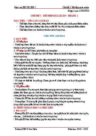 Kế hoạch bài dạy Hoạt động trải nghiệm, hướng nghiệp Lớp 6 (Sách Cánh diều) - Tuần 19 - Chủ đề 5: Nét đẹp mùa xuân - Bài: Việc tốt, lời hay - Năm học 2021-2022 - Trường THCS Sơn Tiến