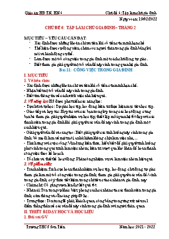 Kế hoạch bài dạy Hoạt động trải nghiệm, hướng nghiệp Lớp 6 (Sách Cánh diều) - Tuần 22 - Chủ đề 6: Tập làm chủ gia đình - Bài 11: Công việc trong gia đình - Năm học 2021-2022 - Trường THCS Sơn Tiến