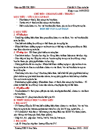 Kế hoạch bài dạy Hoạt động trải nghiệm, hướng nghiệp Lớp 6 (Sách Cánh diều) - Tuần 32 - Chủ đề 9: Chào mùa hè - Bài: Đón hè vui và an toàn - Năm học 2021-2022 - Trường THCS Sơn Tiến