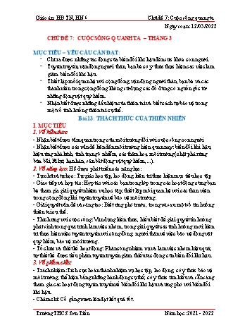 Kế hoạch bài dạy Hoạt động trải nghiệm, hướng nghiệp Lớp 6 (Sách Cánh diều) - Tuần 25 - Chủ đề 7: Cuộc sống quanh ta - Bài 13: Thách thức của thiên nhiên - Năm học 2021-2022 - Trường THCS Sơn Tiến