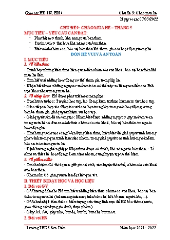 Kế hoạch bài dạy Hoạt động trải nghiệm, hướng nghiệp Lớp 6 (Sách Cánh diều) - Tuần 33+34 - Chủ đề 9: Chào mùa hè - Bài: Đón hè vui và an toàn - Năm học 2021-2022 - Trường THCS Sơn Tiến