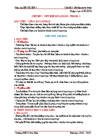 Kế hoạch bài dạy Hoạt động trải nghiệm, hướng nghiệp Lớp 6 (Sách Cánh diều) - Tuần 20 - Chủ đề 5: Nét đẹp mùa xuân - Bài: Việc tốt, lời hay - Năm học 2021-2022 - Trường THCS Sơn Tiến