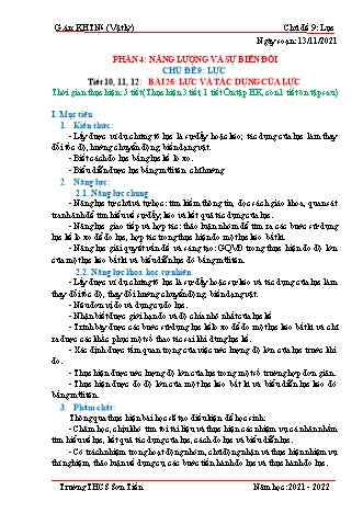 Kế hoạch bài dạy Khoa học tự nhiên 6 (Sách Cánh diều) - Phân môn Vật lý - Tiết 10 đến 12 - Bài 26: Lực và tác dụng của lực - Năm học 2021-2022 - Trường THCS Sơn Tiến