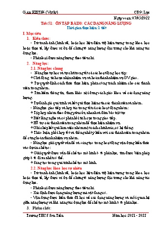 Kế hoạch bài dạy Khoa học tự nhiên 6 (Sách Cánh Diều) - Phân môn Vật lý - Bài 30+31: Các dạng năng lượng - Sự chuyển hóa năng lượng - Năm học 2021-2022 - Trường THCS Sơn Tiến