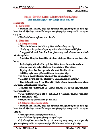 Kế hoạch bài dạy Khoa học tự nhiên Khối 6 (Sách Cánh Diều) - Phân môn Vật lý - Bài 30+31: Các dạng năng lượng - Sự chuyển hóa năng lượng - Năm học 2021-2022 - Trường THCS Sơn Tiến