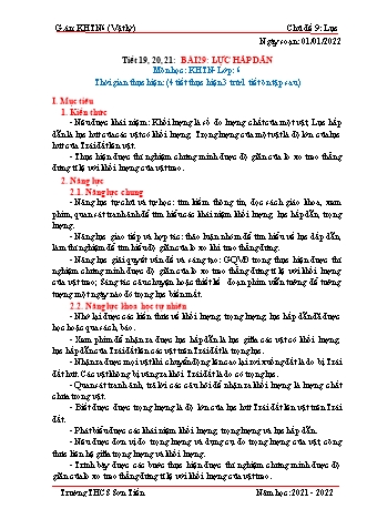 Kế hoạch bài dạy Khoa học tự nhiên Lớp 6 (Sách Cánh diều) - Phân môn Vật lý - Tiết 19 đến 21 - Bài 29: Lực hấp dẫn - Năm học 2021-2022 - Trường THCS Sơn Tiến