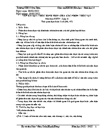 Kế hoạch bài dạy Khoa học tự nhiên Lớp 6 (Sách Cánh diều) - Phân môn Sinh học - Tiết 46+47 - Bài: Thực hành phân chia các nhóm thực vật - Năm học 2021-2022 - Trần Mạnh Hùng