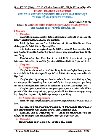 Kế hoạch bài dạy Khoa học tự nhiên Lớp 6 (Sách Cánh diều) - Phân môn Vật lý - Bài 33+34: Hiện tượng mọc và lặn của mặt trời - Các hình dạng nhìn thấy của mặt trăng - Năm học 2021-2022 - Trường THCS Sơn Tiến