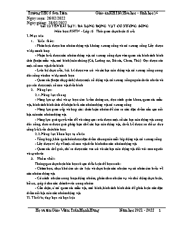 Kế hoạch bài dạy Khoa học tự nhiên Lớp 6 (Sách Cánh diều) - Phân môn Sinh học - Tiết 56 đến 61 - Bài 23: Đa dạng động vật có xương sống - Năm học 2021-2022 - Trần Mạnh Hùng
